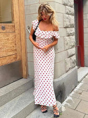 Maxi Dress Women Polka Dot Ruffle Bandage Off-Shoulder Slim Elegant Party Holiday Sundress Summer