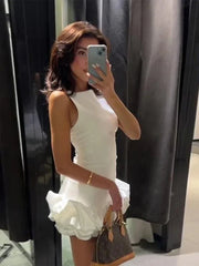 Backless Satin Mini Dress Ruffle Hem Halter Neck Short Party Club Night Out Sexy Women Elegant