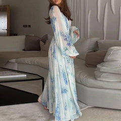 Maxi Dress Women Elegant Floral Print V-Neck Drawstring Elastic Waist Chiffon Long Sleeve Pleated Casual