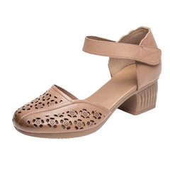 Sandals Women Retro Genuine Leather Hollow Out Breathable Round Toe Thick Heel Versatile Summer Shoes