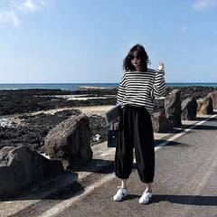 Oversized Striped Sweater Women Vintage Loose Casual Cozy Everyday Winter Fashion Sweatshirt Top