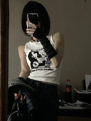 Tank Top Women Y2K Grunge Print Ribbed Knit Sleeveless Aesthetic Streetwear Spring Summer Casual Top