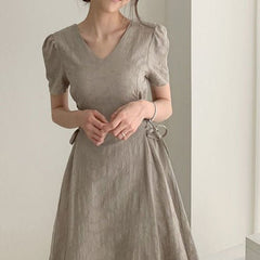 Cotton Linen A-Line Midi Dress Women Slim Waist Vintage Cute Casual Beach Vacation Summer Fashion