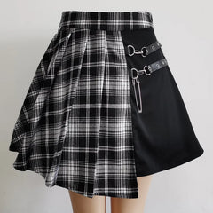 High Waist Mini Skirt Women Punk Irregular Pleated Asymmetric Cutout Gothic Plaid Fashion Skirt