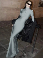 Maxi Dress Women Zip-Up Solid Gray Slim Fit Elegant Party Night Club Autumn Long Dress
