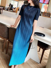 Pleated A-Line Maxi Dress Women O-Neck Elegant Cocktail Party Casual Fashion Dress