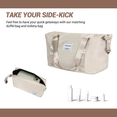 Beige duffel bag and toiletry bag with travel accessories on a white background