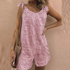 Women's Cotton Linen Shorts Casual Jumpsuit Loose Bow Knot Lace Straps Embroidered Romper