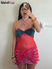 Mini Dress Women Crochet Knit Halter Backless Stripe Print Contrast Stretch Skinny Bodycon Party Summer