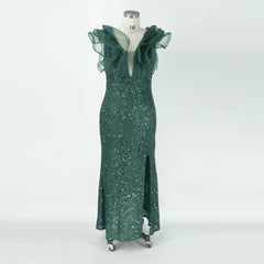 Plus Size Sequin Maxi Dress Women V-Neck Tiered Sleeve Slit Elegant Wedding Party Prom Fashion
