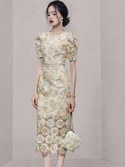 Midi Dress Women Embroidery Print Lace Hollow Out Fluffy Short Sleeve Elegant Spring Summer Dress