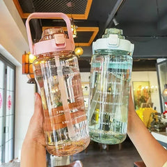 Water Bottle 2L Large Capacity Portable Straw Plastic Time Marker Outdoor Sports Fitness Drink Cup
