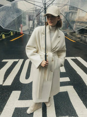 Wool Coat Women Vintage Long Solid Double Breasted Belt Chic Elegant Winter Overcoat Outerwear