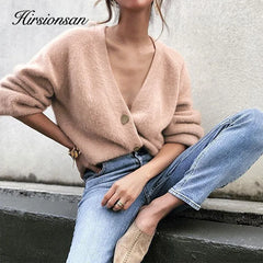 Elegant Long Sleeve Mohair Sweater for Women Single-Breasted Short Cardigan Soft Flexible Knit Outwear