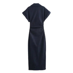 Denim Midi Dress Women Button Down Lapel Collar Slim Waist Long Sleeve Jean Dress Casual