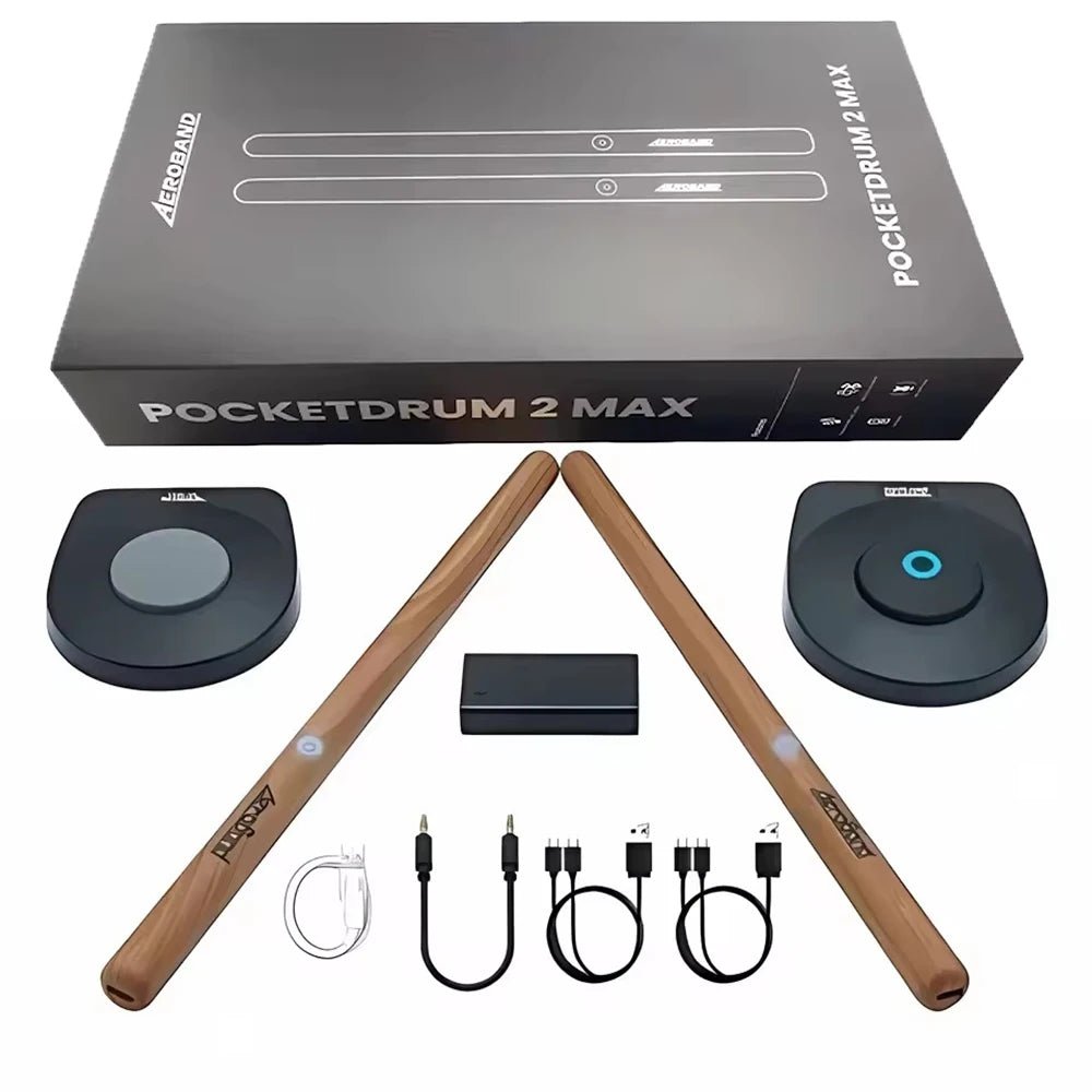 Acerca PocketDrum 2 Max electronic drum set with packaging, sticks, and accessories on a white background.
