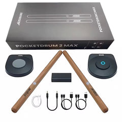 Acerca PocketDrum 2 Max electronic drum set with packaging, sticks, and accessories on a white background.