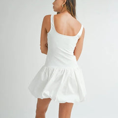 Mini Dress Women Vest Folds Patchwork Slim Fit High Waist Sleeveless A-Line Solid Party Summer Dress