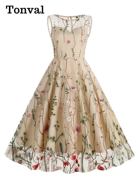 Midi Dress Women Floral Embroidered Mesh Overlay Vintage High Waist Elegant Party Summer Long Dress