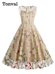 Midi Dress Women Floral Embroidered Mesh Overlay Vintage High Waist Elegant Party Summer Long Dress
