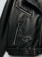 Faux Leather Biker Jacket Women Relaxed Fit Motorcycle Black Belt Casual Streetwear Outerwear Fashion
