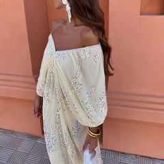 Sequin Maxi Dress Women Elegant Off Shoulder Batwing Sleeve Loose Deep V-Neck Cocktail Wedding Guest