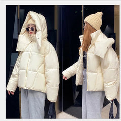 Quilted Jacket Women Fluffy Hooded Bread Down Thick Loose Short Puffer Warm Winter Coat Outerwear