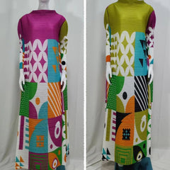 Long Sleeve Pleated Printed Maxi Dress Women Elegant Party Casual Chic Fashion Dress