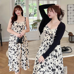 Midi Dress Women Plus Size Black White Floral Elegant Chic Casual Party Fashion Dress