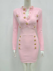 Mini Dress Women Long Sleeve Key Hole Button Pink Bodycon Bandage Elegant Evening Club Party Winter