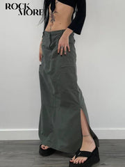 Low Waist Cargo Maxi Skirt Women Y2K Slit Retro Grunge Casual Streetwear Fashion Skirt