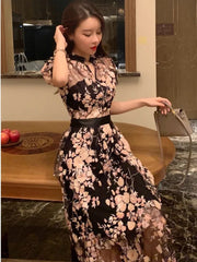 Maxi Dress Women Embroidered Mesh Sequin Flower Pattern High Quality Chic Elegant Summer Long Dress