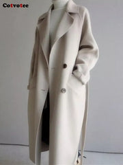 Wool Blend Coats for Women Chic Coats Button Urban Loose Solid Color Long Belted Coat