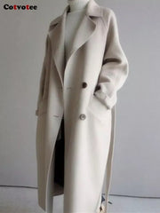 Wool Blend Coat Women Chic Button Urban Loose Solid Long Belted Elegant Winter Outerwear Fashion