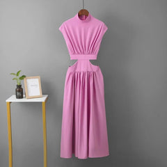 Maxi Dress Women Hollow Out V-Neck Waist Vintage A-Line Long Beach Party Summer Casual Dress