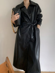 Double Breasted PU Leather Coat Women Lapel Belt Vegan Chic Elegant Winter Outerwear Fashion