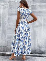 Floral Print Lace Stitch Maxi Dress Women Hollow Irregular Hem Elegant Casual Summer Fashion