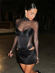 Satin Mini Dress Sheer Mesh Long Sleeve High Neck Bodycon Sexy Party Club Night Out Women