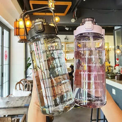 Water Bottle 2L Large Capacity Portable Straw Plastic Time Marker Outdoor Sports Fitness Drink Cup