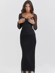 Maxi Dress Women Long Sleeve Patchwork Lace Double Layer Mesh Elegant Party Clubwear Spring Autumn
