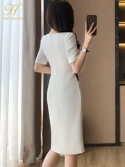 Color Blocked Bodycon Midi Dress Women O-Neck Chic Sheath Pencil Casual Fashion Dress