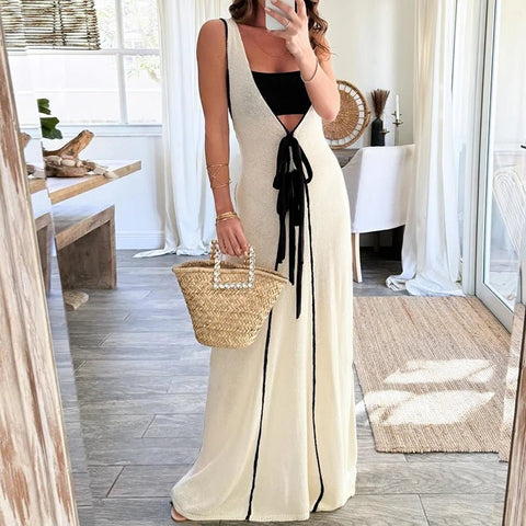 Maxi Dress Women High Waist Deep V-Neck Slim Lace-Up Sleeveless Elegant Party Summer Long Dress