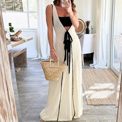 Maxi Dress Women High Waist Deep V-Neck Slim Lace-Up Sleeveless Elegant Party Summer Long Dress
