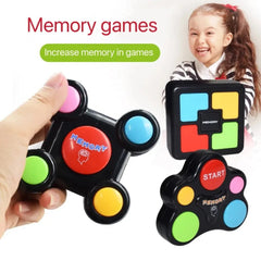 Memory game device with colorful buttons and a child playing with it.