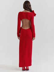 Maxi Dress Women Elegant Backless Bow Red O-Neck Long Sleeve Bodycon Club Wedding Party Prom Dress