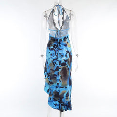 Backless Bodycon Midi Dress Women Blue Print Ruffle Lace Chic Party Summer Casual Fashion