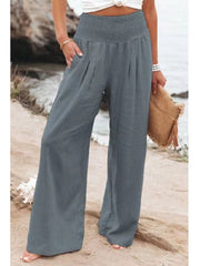 Cotton Linen Wide Leg Pants Women Loose Elastic Waist Long Casual Beach Vacation Spring Summer