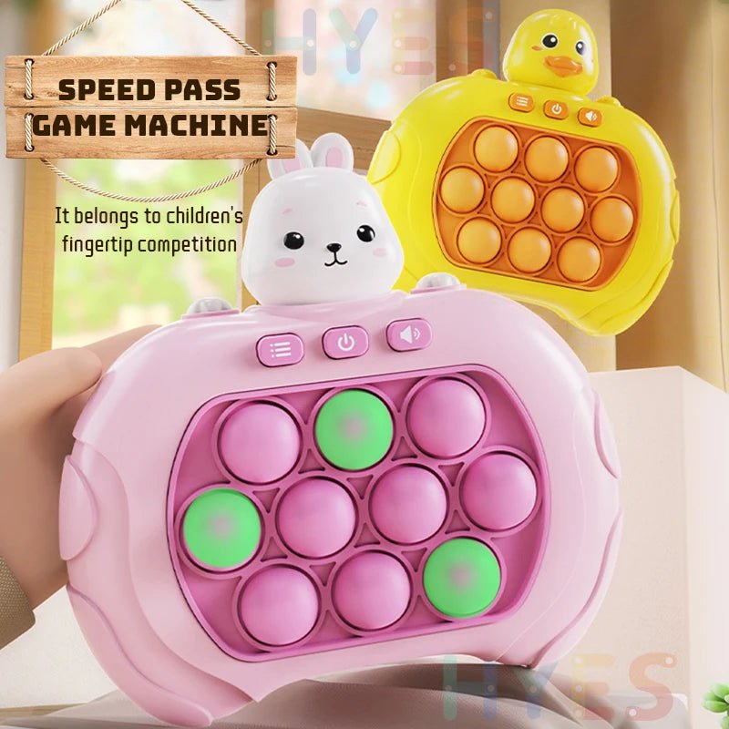 Pink and green bubble popper toy with a rabbit design, held by a hand.