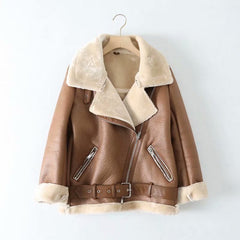 Faux Leather Jacket Women Sheepskin Fur Collar Sleeve Warm Chic Winter Casual Outerwear