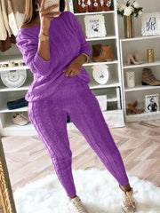 knitted casual two-piece top and pants set. purple